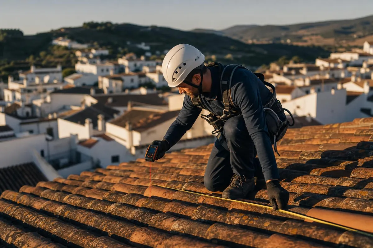 Técnico midiendo la cubierta de una vivienda para diseñar la instalación